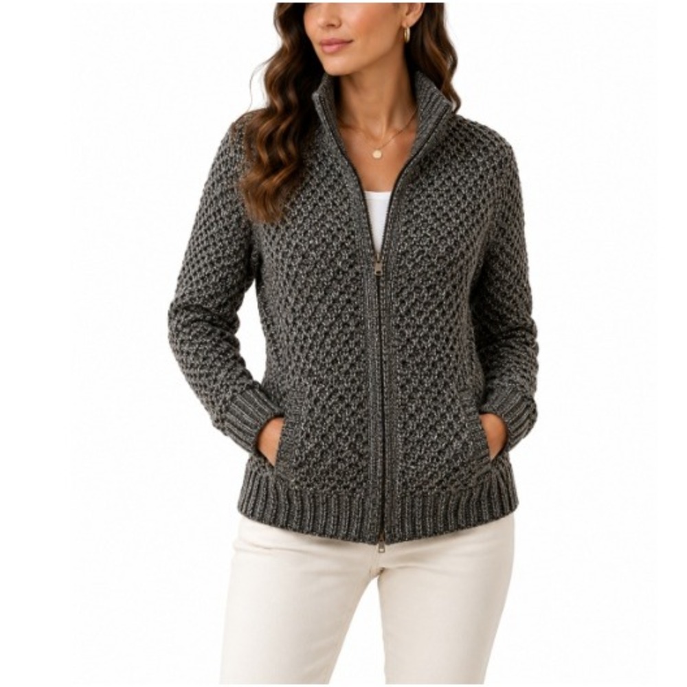 White House Black Market Mixed Metallic Open Stitch Zip-Up Cardigan Size L NWOT‎